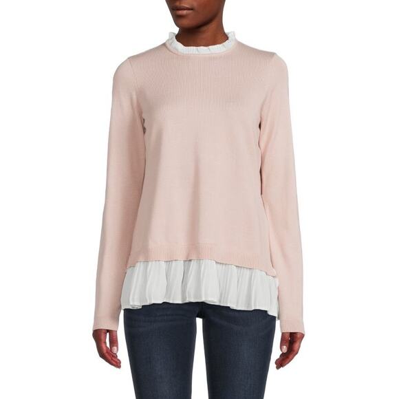 Adrianna Papell Pink Knit Ruffle Crew Neck Long Sleeve Pullover Sweater Top Sz L - Picture 1 of 6